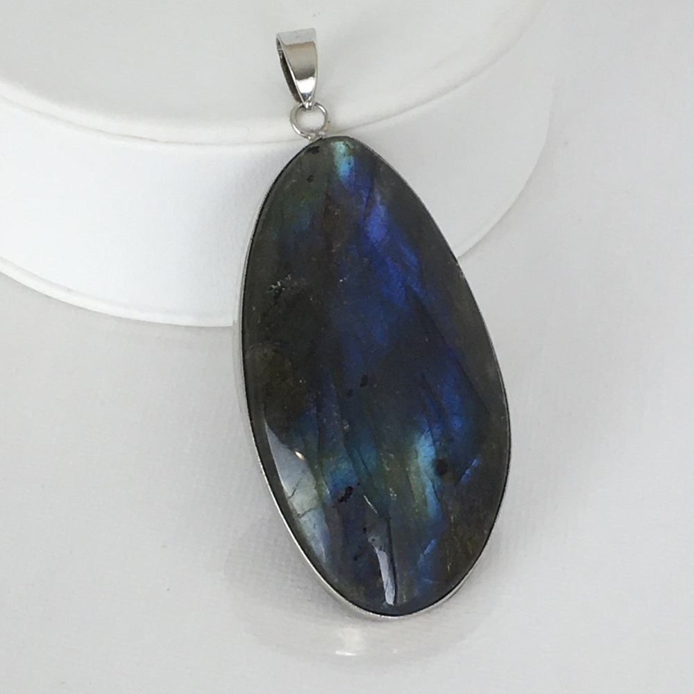 Labradorite Blue Green Flash Large Pendant Oval Natural Stone Silver Metal Wrap
